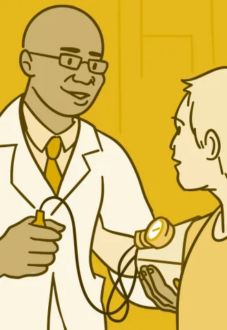 Illustration of a doctor taking a patient's blood pressure